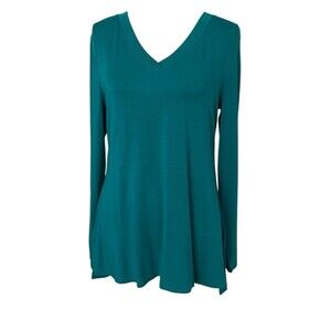 H by Halston Essentials Slinky V Neck Tunic Top Small Teal Green Butter Knit